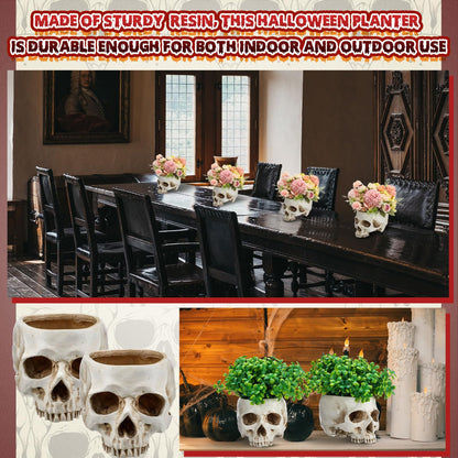 Acellegic Skull Planter Resin Skull Head Flower Pot Candy Bowl Spooky Gothic Decoration for Tabletop Home Bar Office Desk Halloween(2 Pack,Antique White,Classic)
