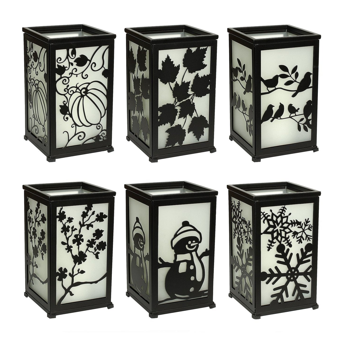 Decorative LED Candle Lantern with Timer & 12 Magnetic Seasonal Panels - Battery Operated Flameless Flickering Candle - Rustic Black Metal Lantern for Indoor & Outdoor Home Decor, 5” x 5” x 8.5”