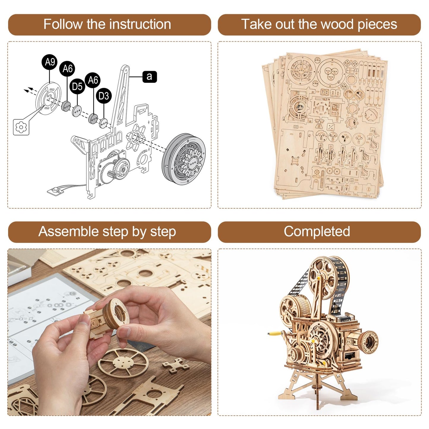Rowood 3D Puzzle for Adults, DIY Wooden Model Kit for Adults to Build, Handheld Film Mechanical Gear Building Set, Birthday Vitascope Projector