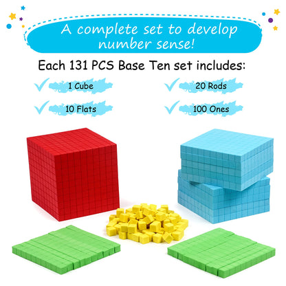 Simply magic 131 PCS Foam Base Ten Blocks for Math - Place Value Blocks, Base 10 Math Manipulatives K-3, Math Counters, Number Blocks, Math Cubes, Counting Blocks - Kindergarten 1st 2nd 3rd Grade