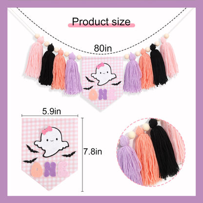 Spooky One High Chair Banner for Girls - Pink Ghost Yarn Tassel Highchair Banner, Halloween 1st Birthday Decorations, Our Little Boo is One Birthday Decor