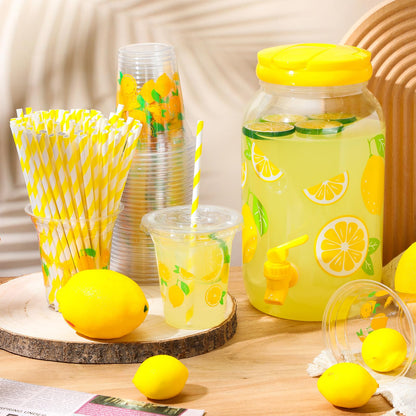 Umigy Lemonade Stand Supplies, 1 Gallon Plastic Drink Dispenser with Spigot, 100 Pcs 16 oz Lemon Disposable Plastic Cups with Lids and Straws, for Party Beverage Juice Ice Tea Beer(Lemon,Yellow)