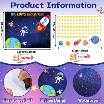 CHUNNIN 32Pcs 100 Days of School Space Scene Sticker Fun Vivid Solar System Astronaut Poster and Space Theme DIY Craft Sticker Outer Space Build a Scene Crafts for Classroom Activity Supplies