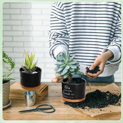 RimCereal 9 Pcs Inspirational Bible Verse Gifts Black Ceramic Succulent Pots with Bamboo Saucers Christian Decor Perfect Religious Gift for Home Office for Mother's Day Graduation Teachers Nurses