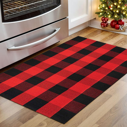 KOZYFLY Buffalo Plaid Rug 27.5x43 Inches Red and Black Checkered Rug Christmas Halloween Fall Door Mat Woven Cotton Washable Area Rugs Door Mat Outdoor Entrance for Front Porch Entryway