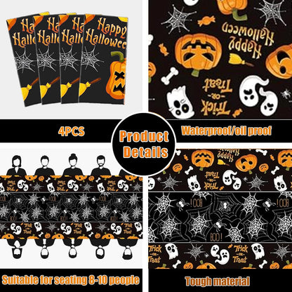 Pyrrhiax 4 Pcs 54 x 108 Inch Halloween Pumpkin Ghost Tablecloth, Rectangular Plastic Spider Web Table Cloth Large Size Halloween Table Covers for Home Decor Party Decorations
