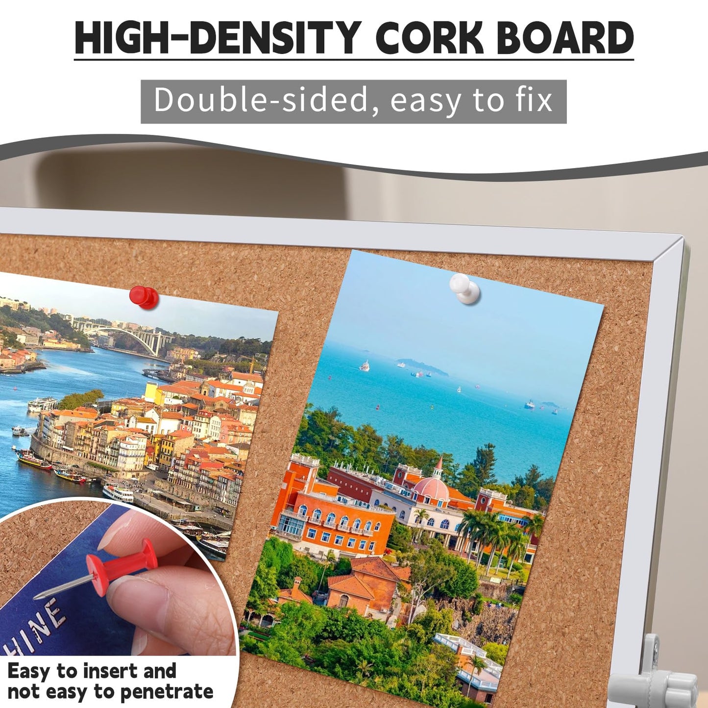 kdafio 11.81"×11.81" Cork Board Bulletin Board, Double Sided Pin Board with Silver Aluminum Border, Desktop Small Cork Board with Stand Suitable for Home, Office, Desk Message Board or Picture Board