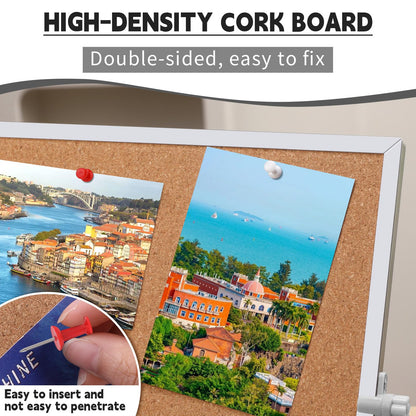 kdafio 11.81"×11.81" Cork Board Bulletin Board, Double Sided Pin Board with Silver Aluminum Border, Desktop Small Cork Board with Stand Suitable for Home, Office, Desk Message Board or Picture Board