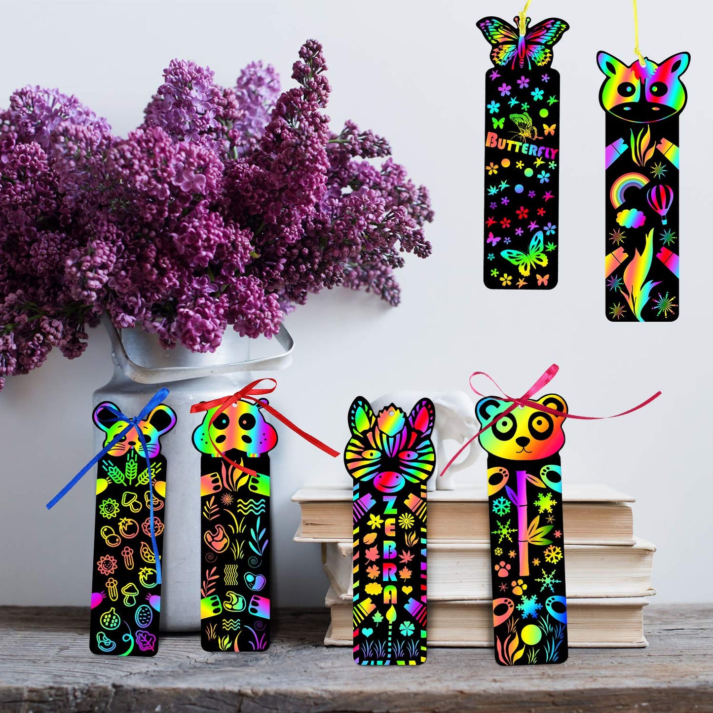 Blulu 100 Pieces 20 Styles Scratch Art Bookmarks for Kids Back to School Scratch DIY Bookmark Crafts with 100 Pcs Ropes 20 Pcs Wood Stylus First Day of School Gift for Students Boys Girls Classroom