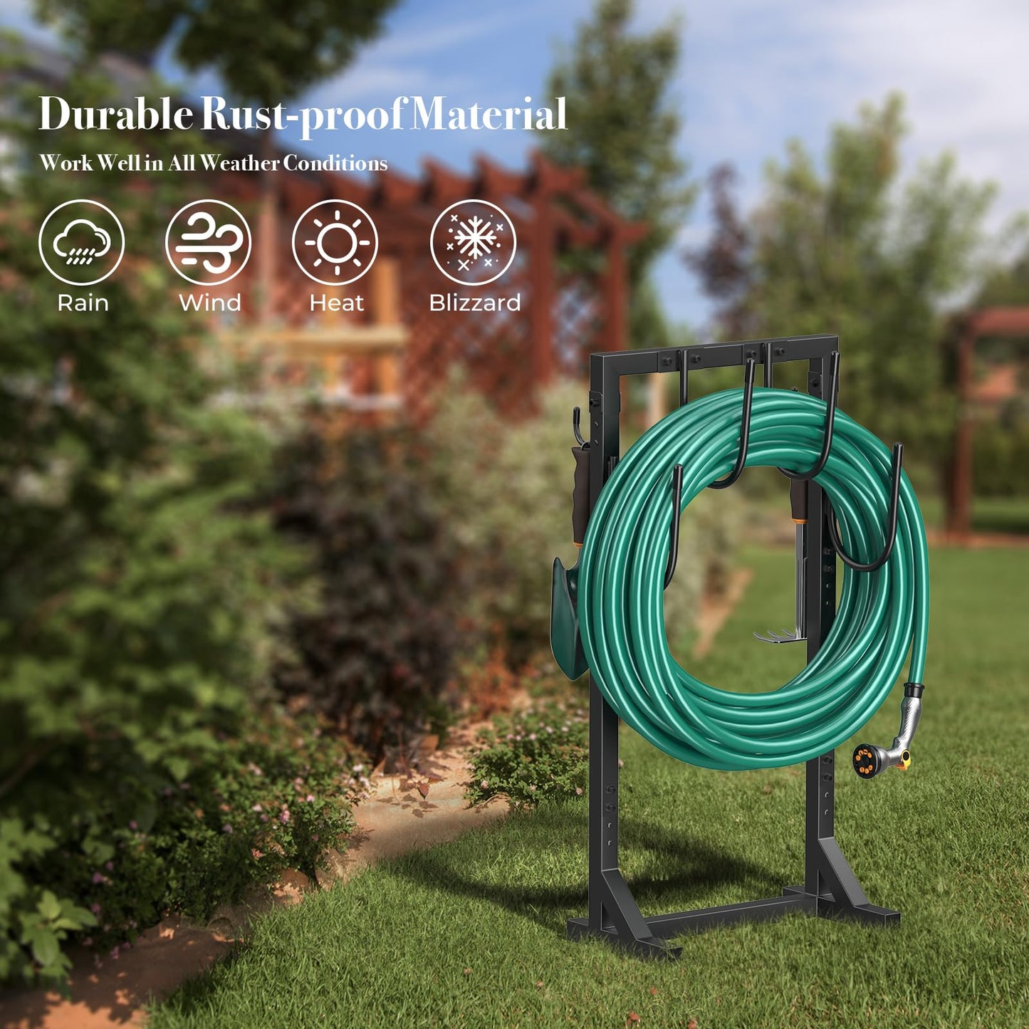 Winpull Garden Hose Holder Water Hose Holder with 4 Spikes, Freestanding Hose Hanger Outdoor Hold Stand Heavy Duty 6 Hooks Metal Garden Hose Storage Hose Reel Rack for Outside (Black)