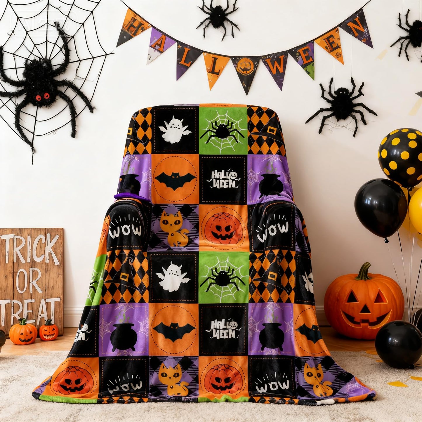 Halloween Throw Blanket Reversible, Cute Blanket Halloween 50"x70" for Couch, Bed, Sofa - Soft Plush Fleece Cartoon Pumpkin Print Decor Gifts (Style B)