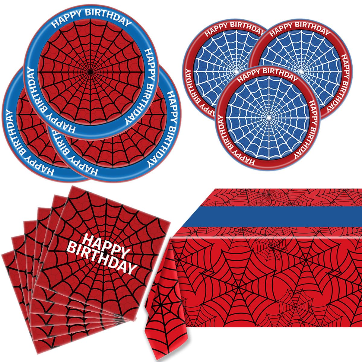 Spider Party Supplies, 40 spiderweb-patterned dinner plates, 20 paper napkins, and one 54-inch × 108-inch tablecloth, Spider Theme Birthday Party Decorations