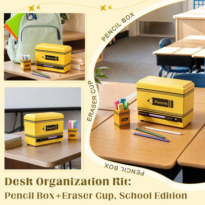 Gueevin 2pcs Pencil Dispenser for Classroom, Fun Desk Organizer with Eraser Holder, Interactive Pencil Storage for Teachers, Students & Homeschool Desk Organizer, Back to School Supplies(Yellow)
