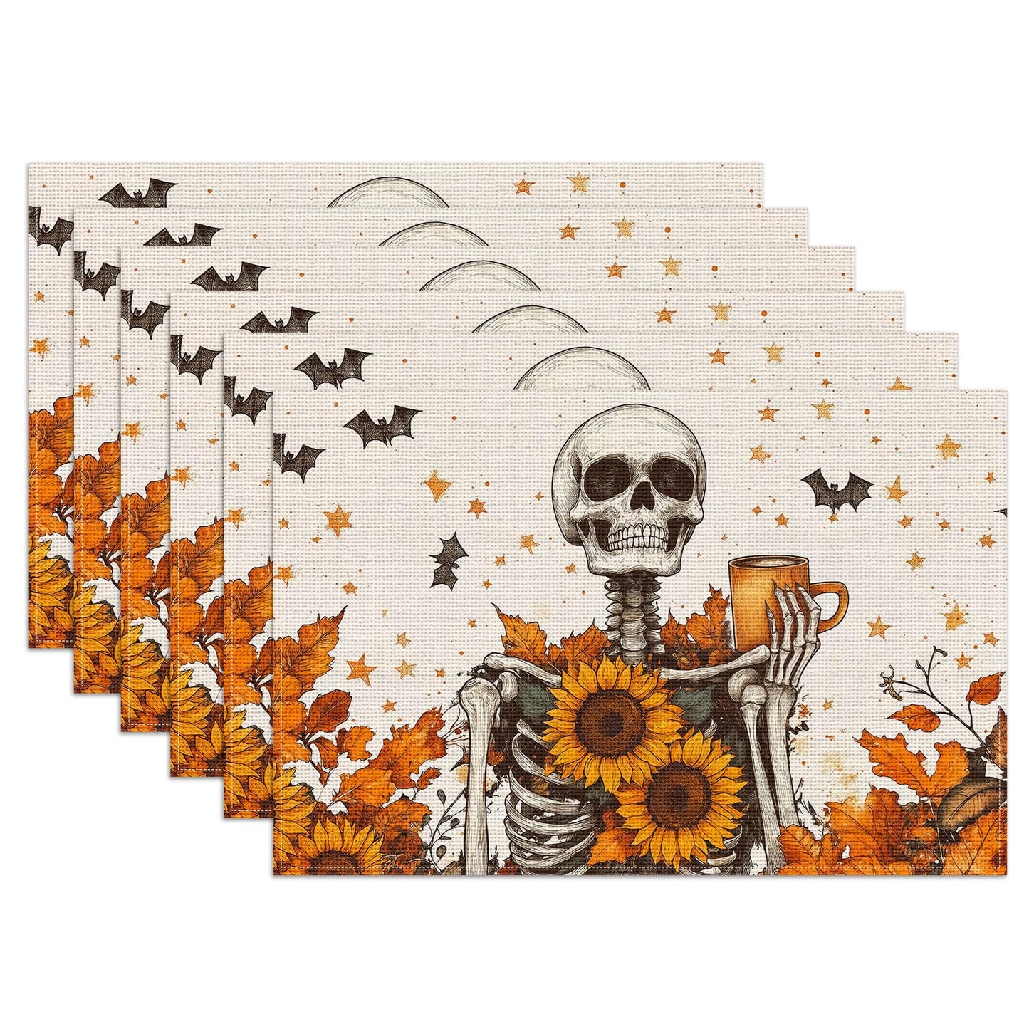 Fall Skull Sunflower Placemats Set of 6, Halloween Bat Linen Place Mat Washable Stain Resistant Table Mats for Farmhouse Kitchen Dining 12x18 Inch