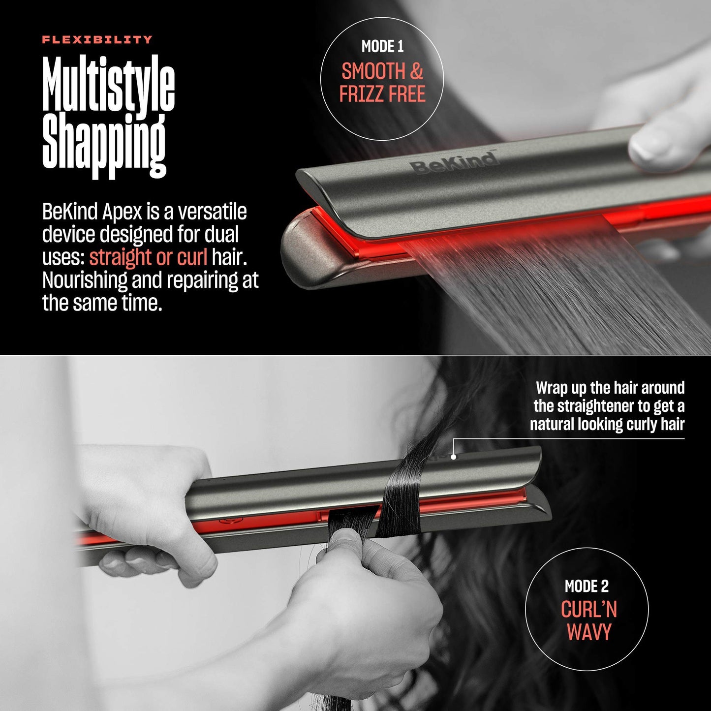 Bekind Apex 2-in-1 Hair Straightener Flat Iron | 1“ 460°F Straightener and Curler for All Hairstyles | UltraSmooth Tech | 15s Fast Heating & Temp Memory | Gift Set for Girls Wome (Galaxy Gray)