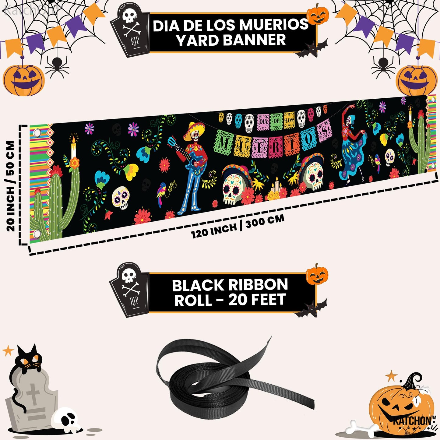 KatchOn, Day of the Dead Yard Banner - XtraLarge, 120x20 Inch | Mexican Halloween Banner for Day of the Dead Decorations | Dia De Los Muertos Backdrop, Dia De Los Muertos Decorations