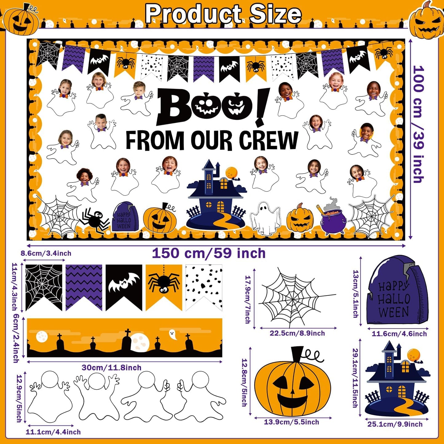 Halloween Ghost Bulletin Board Set Classroom Decorations Pumpkin Castle Paper Cutouts BOO Ghost Pattern Spider Web DIY Photos Bulletin Board Halloween Party Back to School Nursery Classroom Wall Decor