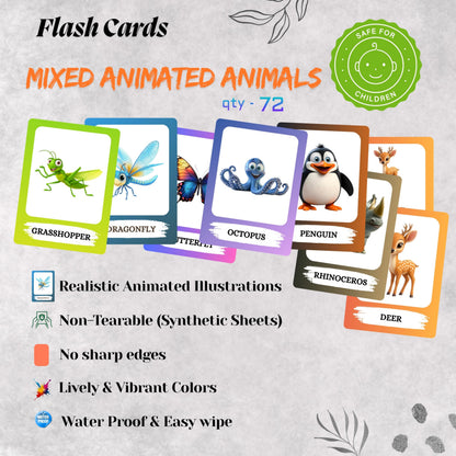 The Biblio Hub Animated Mixed Animals Flashcards – Non-Tearable Synthetic Learning Cards for Toddlers, Preschool & Kindergarten, Double-Sided Set