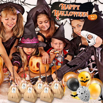 Geyoga 96 Pcs 25" Halloween Treat Bags Large Witch Broom Candy Kraft Paper Bag Set (No Need to Crop) with Pink Cable Tie, Gift Card and Real Dry Branches for Halloween Trick or Treat Party Supplies