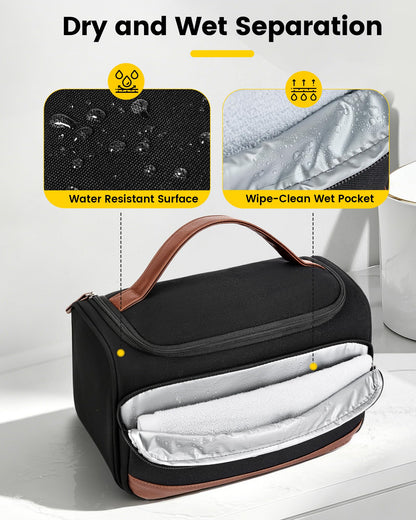 Vorspack Structured Canvas Toiletry Bag for Men, Upright Travel Bag with Wet Pocket, Wide Opening Bathroom Organizer for Shaving, Grooming, Skincare, Travel Essentials, Medium-Black