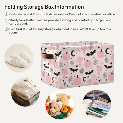 Happy Halloween Pink Storage Basket with Waterproof Liner and PU Handles Pumpkin Bat Moon Mushroom Storage Bins Boxes 14.2" Collapsible Decorative Organizer Baskets for Bedroom Closet Office 1 Pack