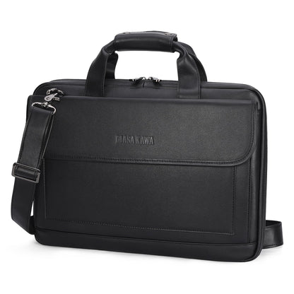 Masa Kawa Leather Briefcase for Men Slim 15.6" Laptop Bag Waterproof Crossbody Shoulder Messenger Computer Attache Case for Business Work, Black