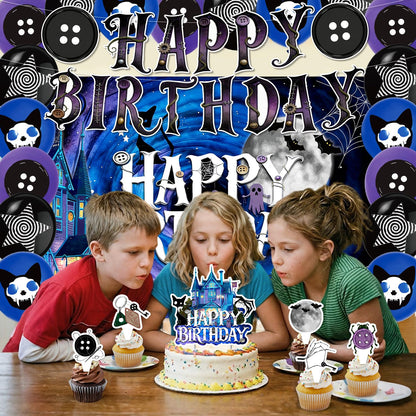 42Pcs Horror Movie Button Eyes Birthday Party Decorations Include Cake Topper Cupcake Toppers Horror Movie Happy Birthday Party Flag Banner and Balloons Backdrog