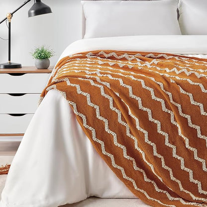 BOURINA Fluffy Chenille Knitted Fringe Throw Blanket Lightweight Soft Cozy for Bed Sofa Chair Throw Blankets, Orange 50" x 60"