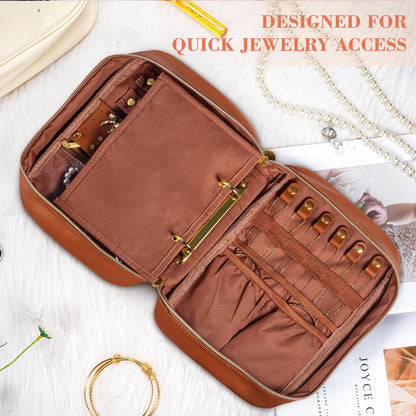 KPWEPK Leather Travel Jewelry Case Organizer,Jewelry Storage Book Binder with Clear Zipper Pouch & Lining-Portable Jewelry Bag for Earrings,Rings,Necklaces,Bracelets (Brown)