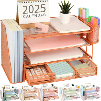 gianotter Paper Letter Tray Organizer with File Holder, 4-Tier Desk Accessories & Workspace Desk Organizers with Drawer and 2 Pen Holder for Office Supplies (Orange)
