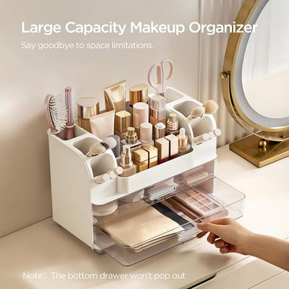HBlife Makeup Organizer for Vanity with Brush Holder, Large Bathroom Countertop Cosmetic Organizer Skin Care Storage, Easy to Store Lipsticks, Nail Polishes, Perfumes, Eyeshadow Palettes, White