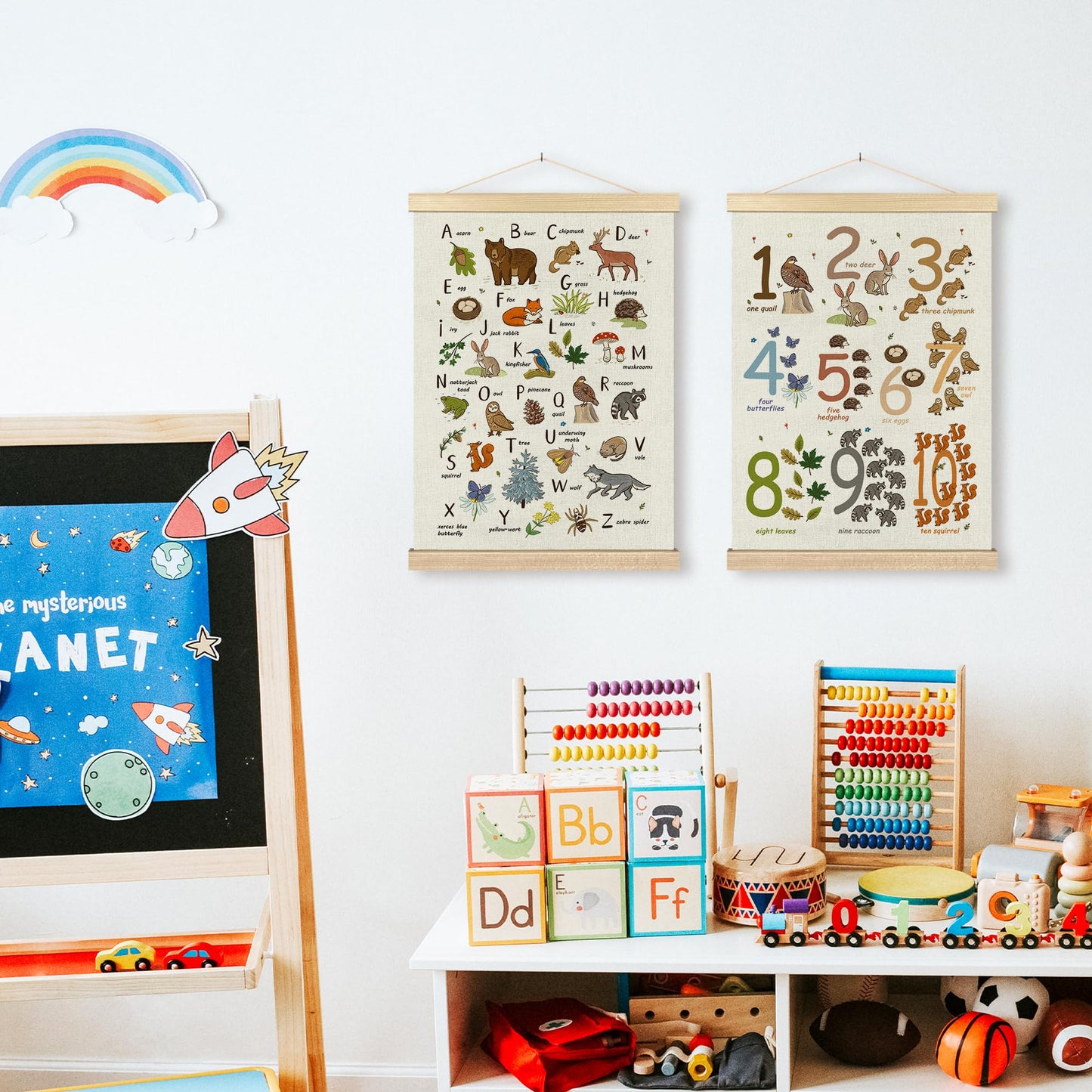 BCUANGD Alphabet Educational Wall Decor - Neutral Woodland Animals Poster Hanger with Wood Frames Set of 2, Kids ABC Numbers Wall Hanging Canvas Decor for Home Playroom Kids Room, 12x16 Inches