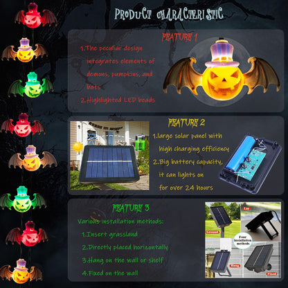 Solar Garden Lights for Halloween Decorations Outdoor,20LED 18Ft 3D Scary Devil Pumpkin Bat Solar String Lights, Unique Solar Lights Outside for Home Yard Garden Party Halloween Decor(Red Green White)
