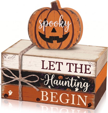 4 Pcs Halloween Tiered Tray Decor Farmhouse Wooden Book Stack with Gnome Spooky Halloween Tabletop Signs Fall Rustic Tiered Tray Decorations for Home Office Shelf Coffee Bar