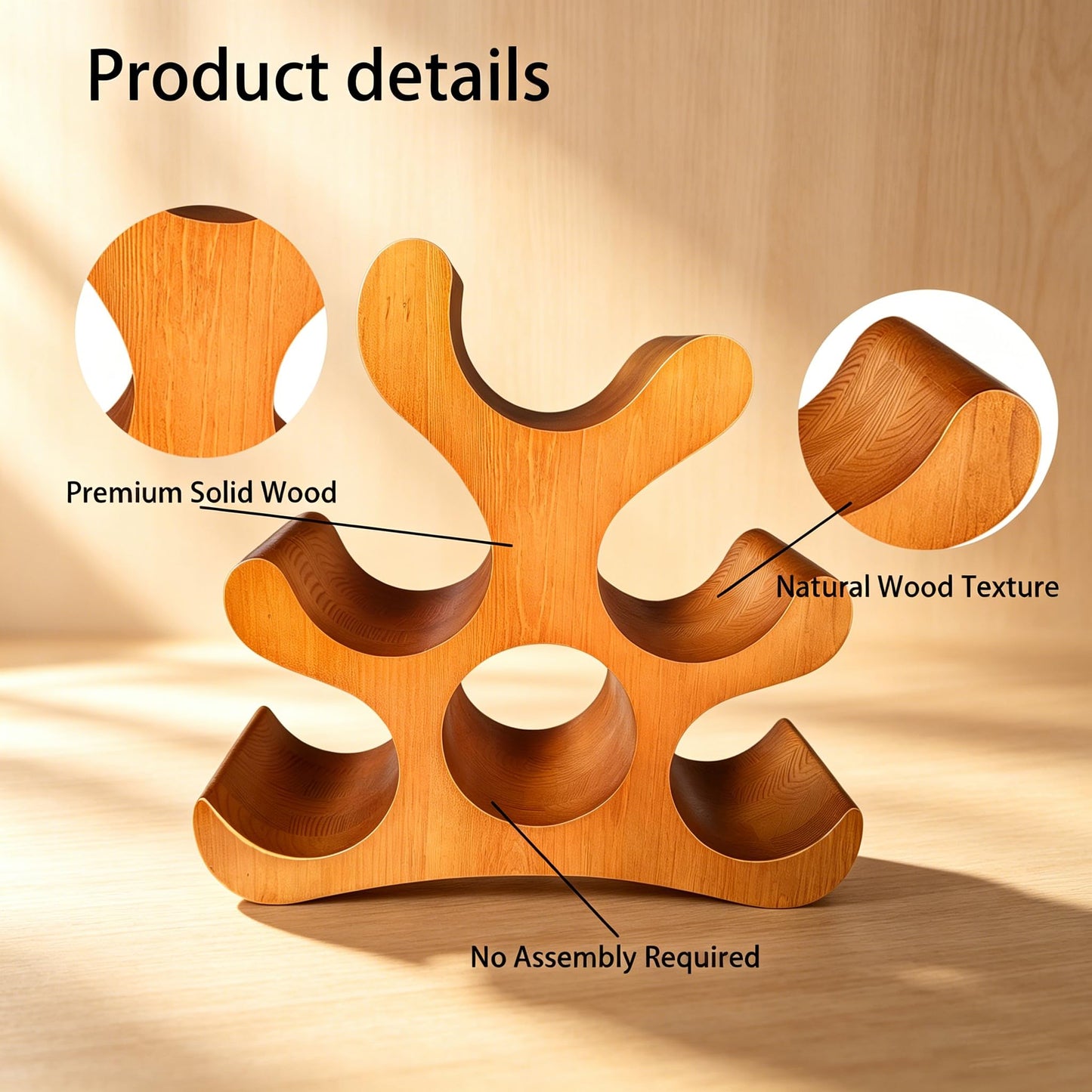 Zholp Solid Wood Countertop Wine Rack for 6 Bottles, Space-Saving Freestanding Design, Wooden Storage Holder Stand for Kitchen, Dining Room, Bar