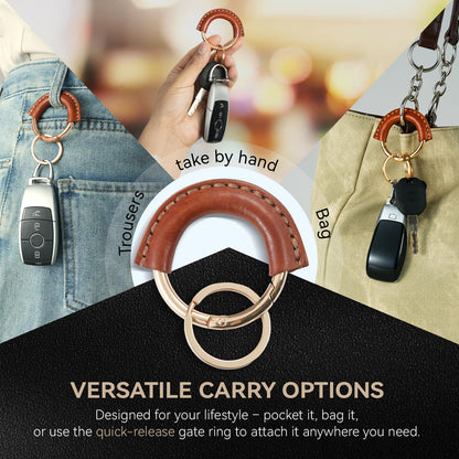 Genuine Leather Keychain - Carabiner Clip Key Fob with 2 Detachable Rings - Car Key Chain Holder for Men & Women