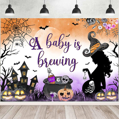 Withu A Baby is Brewing Backdrop Halloween Baby Shower Pregnant Witch Pumpkin Cobweb Haunted House Castle Gender Reveal Baby Boy Girl Newborn Party Decoration Banner Background 6x4ft