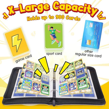 Zippered 9-Pocket Premium PU Card Binder, Double-Sided Display, Holds 900 Cards + 5 Hard Plastic Sleeves for Game & Sports Cards