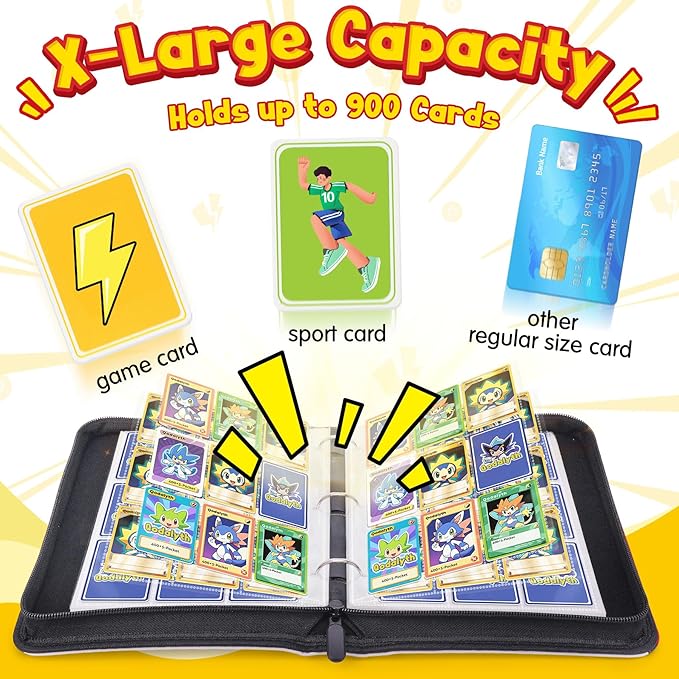 9 Pocket Card Binder with Zipper (900 Cards), Premium PU Holder, Double-Sided Display. Includes 5 Hard Plastic Sleeves for Game Cards and Sports Cards