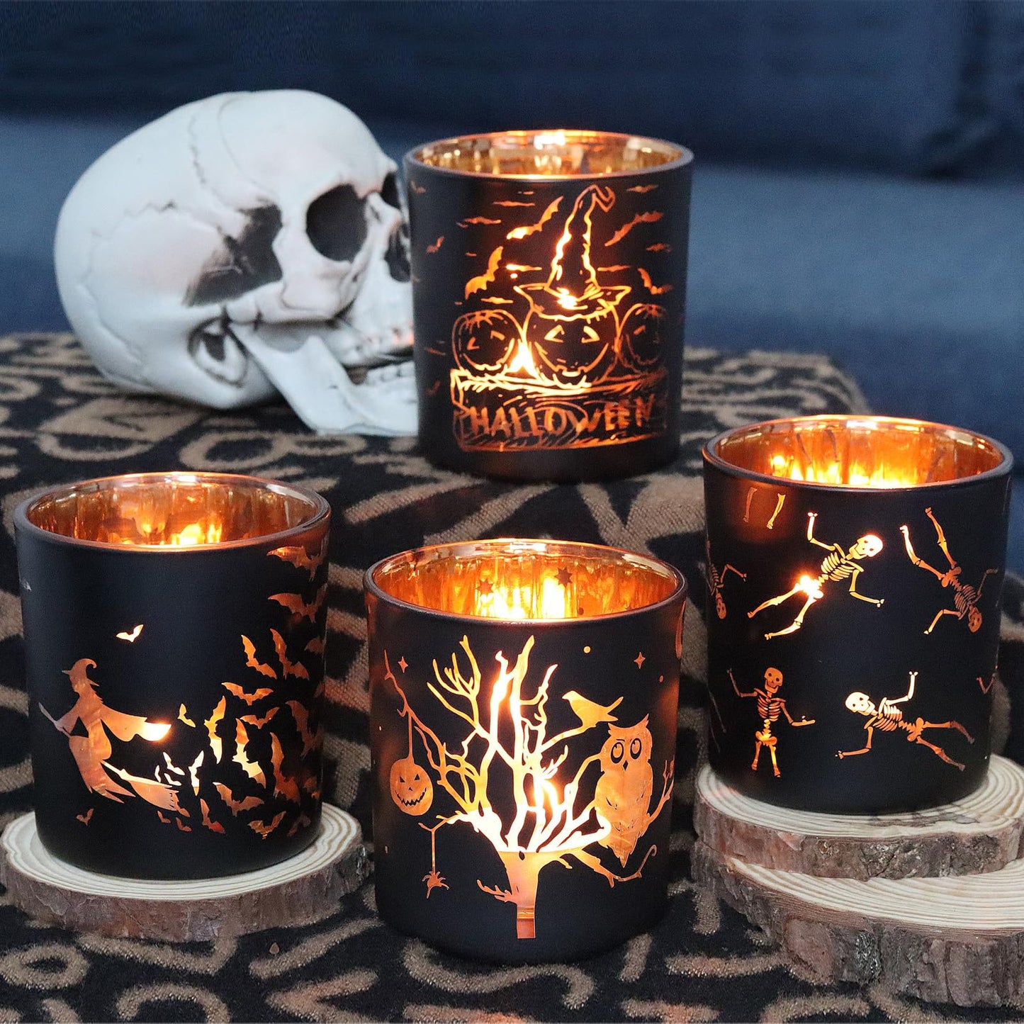 SHMILMH Halloween Glass Candle Holders Set of 4, Votive Tealight Holder Candle Jar for Making Candle, Halloween Office Kitchen Mantel Table Centerpiece Decoration