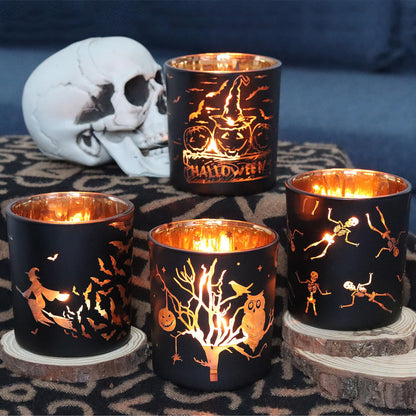 SHMILMH Halloween Glass Candle Holders Set of 4, Votive Tealight Holder Candle Jar for Making Candle, Halloween Office Kitchen Mantel Table Centerpiece Decoration