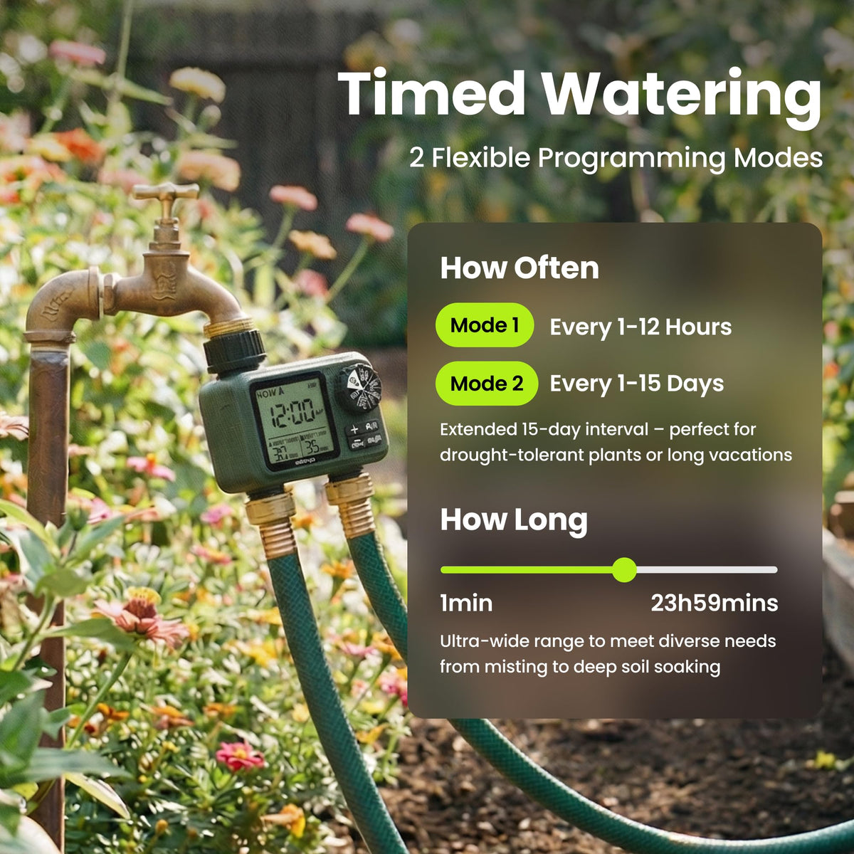 Soildrops Sprinkler Timer for Garden Hose, Programmable 1 or 2 Outlet Controller with Self-Cleaning Valve, 15-Day Frequency, Large Dial, Rain Delay & Auto-Off, IPX5