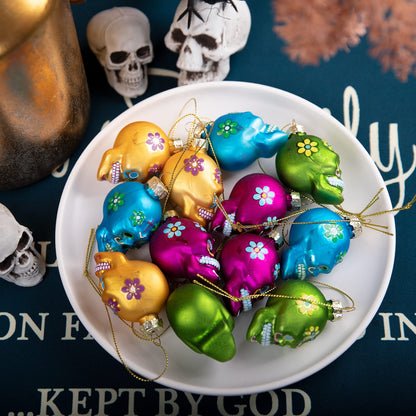 Watayo 12 PCS Day of The Dead Glass Ornaments, Dia De Los Muertos Sugar Skull Ornaments, Halloween Hanging Skeleton Head Decorations for Party Xmas Tree Decoration