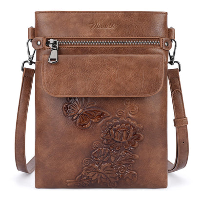VIMUTI Small Crossbody Purse for Women, Soft Vegan Leather Multi Pocket Zipper Bag with Adjustable Strap Embossed Lightweight Travel Shoulder Bag (Brown)