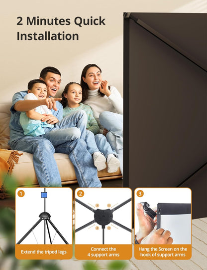Projector Screen with Stand 80 inch Indoor Outdoor Projector Screen 16:9, 4K HD PVC Projector Screen with 1.5 Gain, projector screen for Backyard Theater and Wall Hanging 2IN1 with Carry Bag, Ground