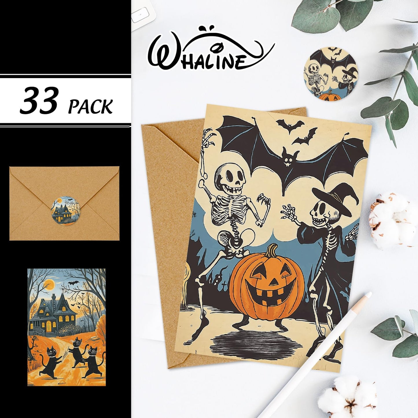 Whaline 33 Pack Halloween Cards Vintage Cartoon Greeting Cards with Envelopes Stickers Glue Stick Blank Note Card for Party Invitations, 4 x 6 Inch