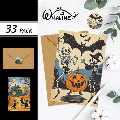 Whaline 33 Pack Halloween Cards Vintage Cartoon Greeting Cards with Envelopes Stickers Glue Stick Blank Note Card for Party Invitations, 4 x 6 Inch