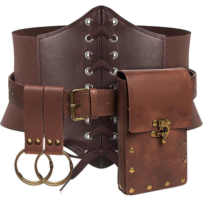 KOTORA Renaissance Costume Sets Corset Waistband Belt Pouch Purse Skirt Hike Steampunk Medieval Halloween Ren Faire Accessories (Brown, S/Waist 25.6"-34")