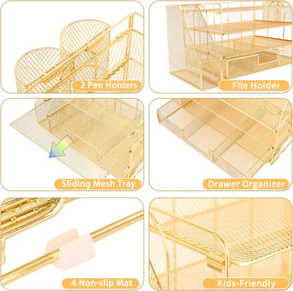 Desk Organizer and Accessories, 4-Tier Desktop File Organizer with Drawer and 2 Pen Holders, Office Desk Accessories for Office Supplies(Gold)