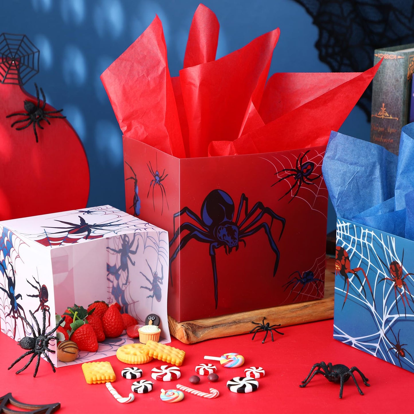 Spiareal 6 Set Spider Birthday Party Decoration Favor PVC Spider Snack Popcorn Bucket Centerpiece for Table Candy Cookie Treat Container with Red White Blue Snow Pear Paper for Birthday Party Supplies